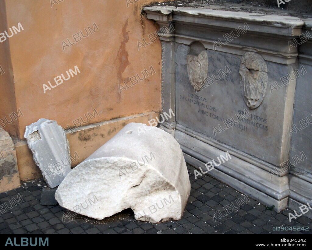 Detail from the Colossus of Constantine, an acrolithic statue that once occupied the Basilica of Maxentius in Rome. Portions of this colossal statue (A head, arm, knee and hand.) of Emperor Constantine now reside in the Palazzo dei Conservatori. Carved from white marble. Circa 312-315 AD.