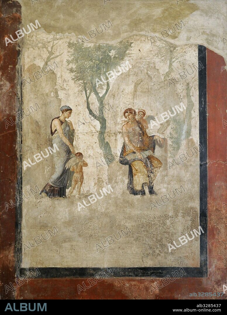 Roman fresco depicting Eros  carried by Peitho, the persuasion, before Anteros and Venus. 1st century AD. House of Punished Love. Pompeii. National Archaeological Museum. Naples. Italy.
