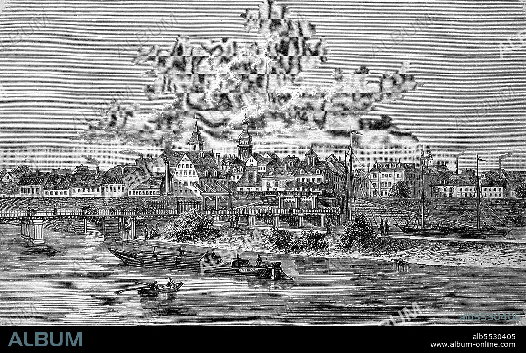 Oder bridge and castle of Glogau, Glogow, Lower Silesia, Poland, in 1880.