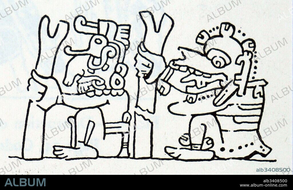 Woodblock print depicting Chaac, the Mayan Rain God. Dated 15th Century.