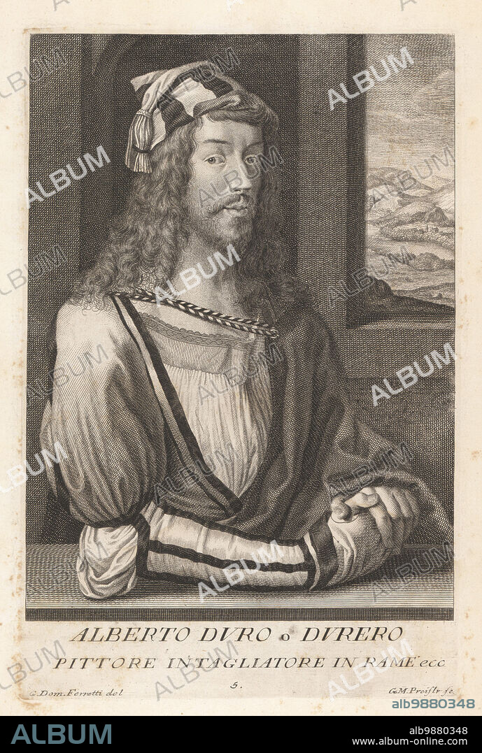 Albrecht Dürer, Durer or Duerer, German painter, printmaker, and theorist of the German Renaissance, 1471-1528. Depicted with long hair, linen shirt, slashed doublet and cloak in the Italian fashion, silk gloves and pointed hat with tassel. Alberto Duro o Durero, Pittore, Intagliatore in rame. Copperplate engraving by Georg Martin Preissler after Giovanni Domenico Ferretti after a self portrait by the artist from Francesco Moucke's Museo Florentino (Museum Florentinum), Serie di Ritratti de Pittori (Series of Portraits of Painters) stamperia Mouckiana, Florence, 1752-62.