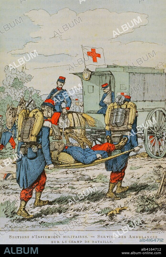 Secciones de enfermeros militares de guerra. Servicio de ambulancias en el campo de batalla. Ilustración a color de la "Armeé Française, Nos Soldats" (Ejército Francés, Nuestros Soldados). Autor, Eugene Hennebert (1826-1896). París, h. 1890. Ilustraciones firmadas por Hussenot y Pallandre. Biblioteca Histórico Militar de Barcelona, Cataluña, España.