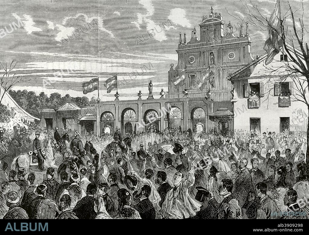 Historia de España. Restauración Borbónica. Madrid. Llegada de S. M. El Rey Alfonso XII (Madrid, 1857-Madrid, 1885) a la Basílica de Atocha, el 20 de marzo de 1876, para asistir al Te Deum en acción de gracias por el final de la Tercera Guerra Carlista. En ese mismo día el rey había entrado triunfalmente en la capital con las tropas. Grabado. La Ilustración Española y Americana, 30 de marzo de 1876. Biblioteca Histórico Militar de Barcelona. Cataluña. España.