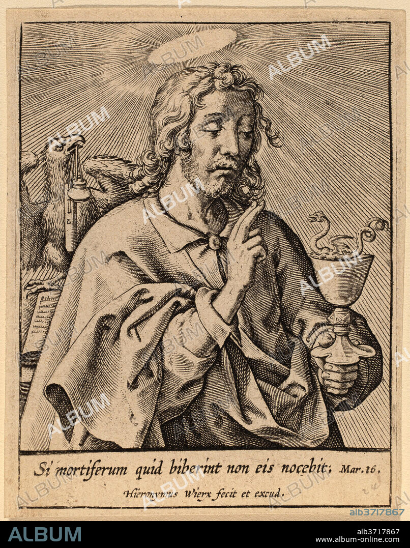 HIERONYMUS WIERIX. Si mortiferum quid biberint ... (Saint John the Evangelist). Medium: engraving.