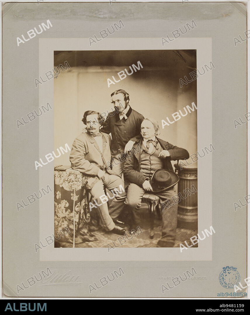 Victor Hugo and his two sons in Jersey, Charles on the left and François-Victor standing in the center, Mullins, Henry, Author of the model, Ouless, Amateur photographer, Summer 1860, 19th century, House of Victor Hugo - Hauteville House, Photograph, Photograph, Gelatin silver print, Jersey, Jersey, Height: 20. 3 cm, Width: 14.7 cm.