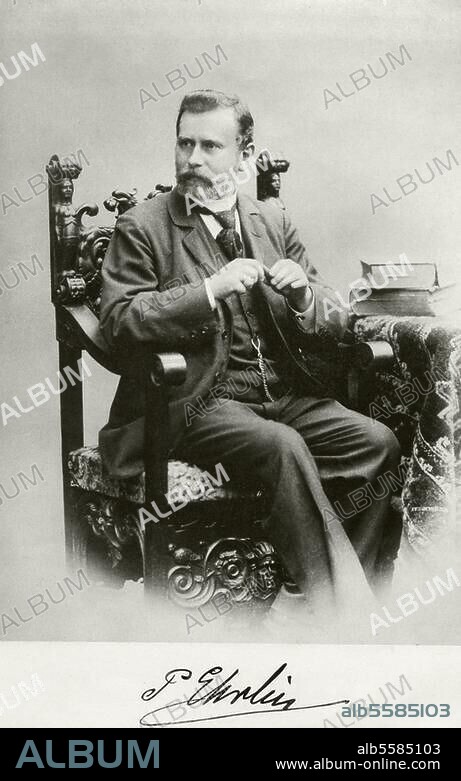 Ehrlich, Paul Serologe (Nobelpreis 1908). Strehlen (Schlesien) 14.3.1854 - Bad Homburg v. d. H. 20.8.1915. Porträt mit faksimiliertem Namenszug. Lichtdruck, um 1900, nach Fotografie (Eckstein, Berlin).