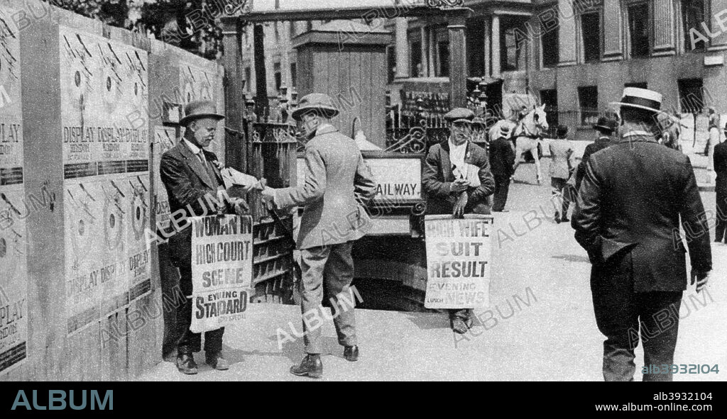 The lunchtime newspaper paper headlines, Trafalgar Square, London, 1926-1927. From Wonderful London, volume II, edited by Arthur St John Adcock, published by Amalgamated Press (London, 1926-1927).