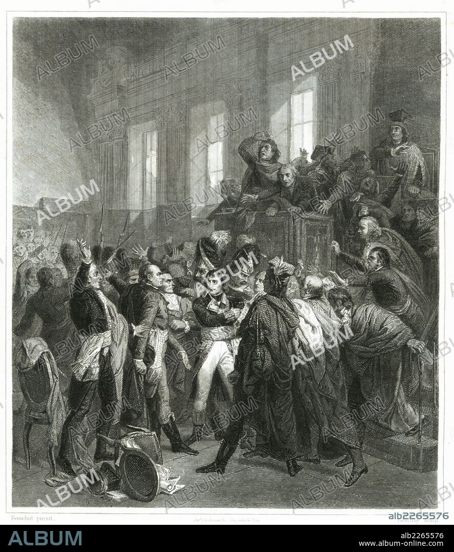 Francia. Napoleón Bonaparte es abucheado en el Consejo de los Quinientos el 9 de noviembre de 1799 (18 de brumario) con motivo del golpe de estado. Grabado de 1853.