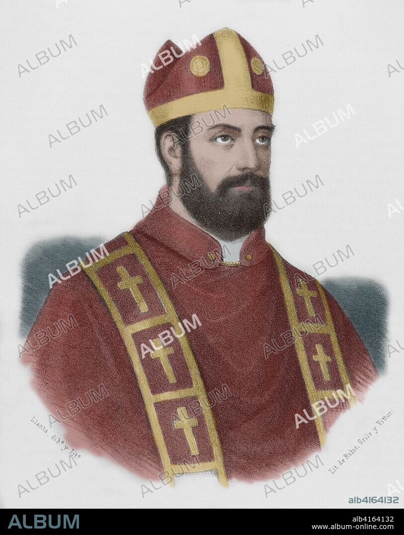 San Narciso de Gerona, obispo de Gerunda (actual Gerona). Martirizado en el siglo IV. Dibujo por Llanta. Litografía. Coloreada. Crónica General de España, Historia Ilustrada y Descriptiva de sus Provincias. Cataluña, 1866.