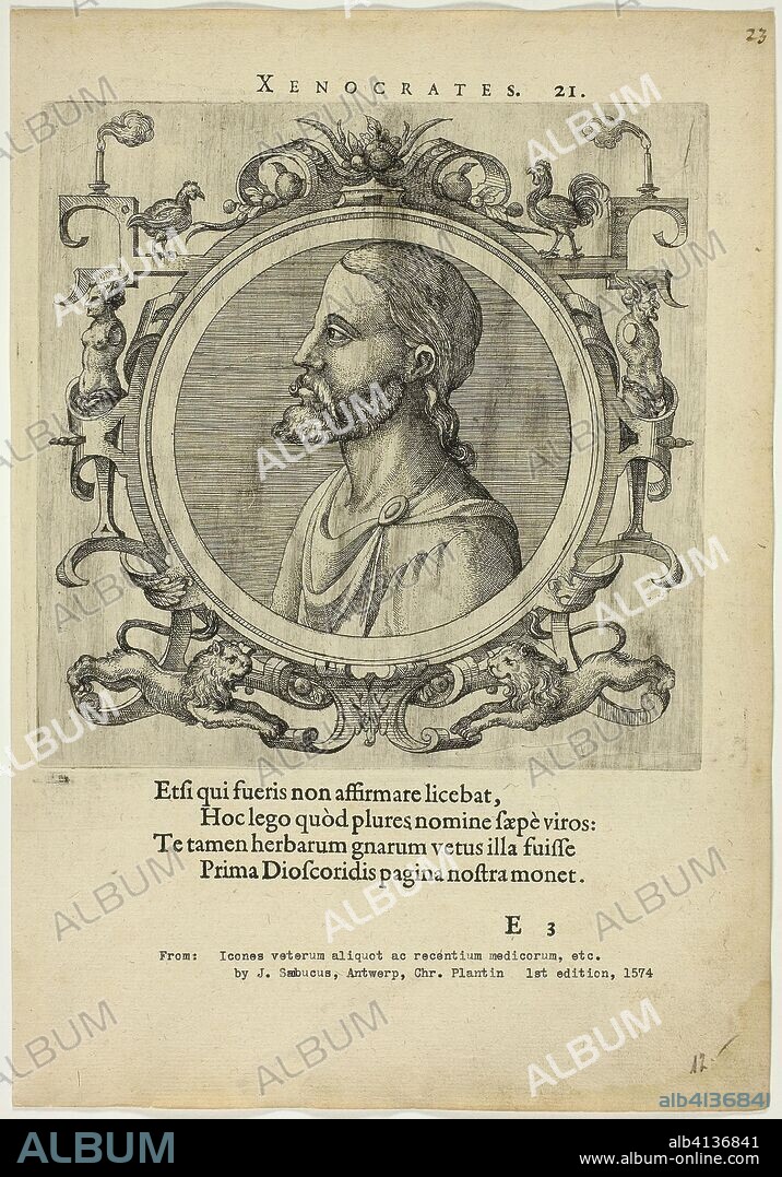 Portrait of Xenocrates. Unknown Artist (Flemish); written by Johannes Sambucus (Flemish, 1531-1584). Date: 1574. Dimensions: 189 × 188 mm (image/plate); 312 × 216 mm (sheet). Etching, with engraving, on cream laid paper. Origin: Flanders.