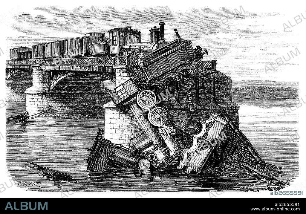 Guerra Franco-Prusiana, sitio de París por los alemanes, descarrilamiento de un tren alemán en el puente de la Meuse en Meziers, en enero de 1871. Grabado de época.