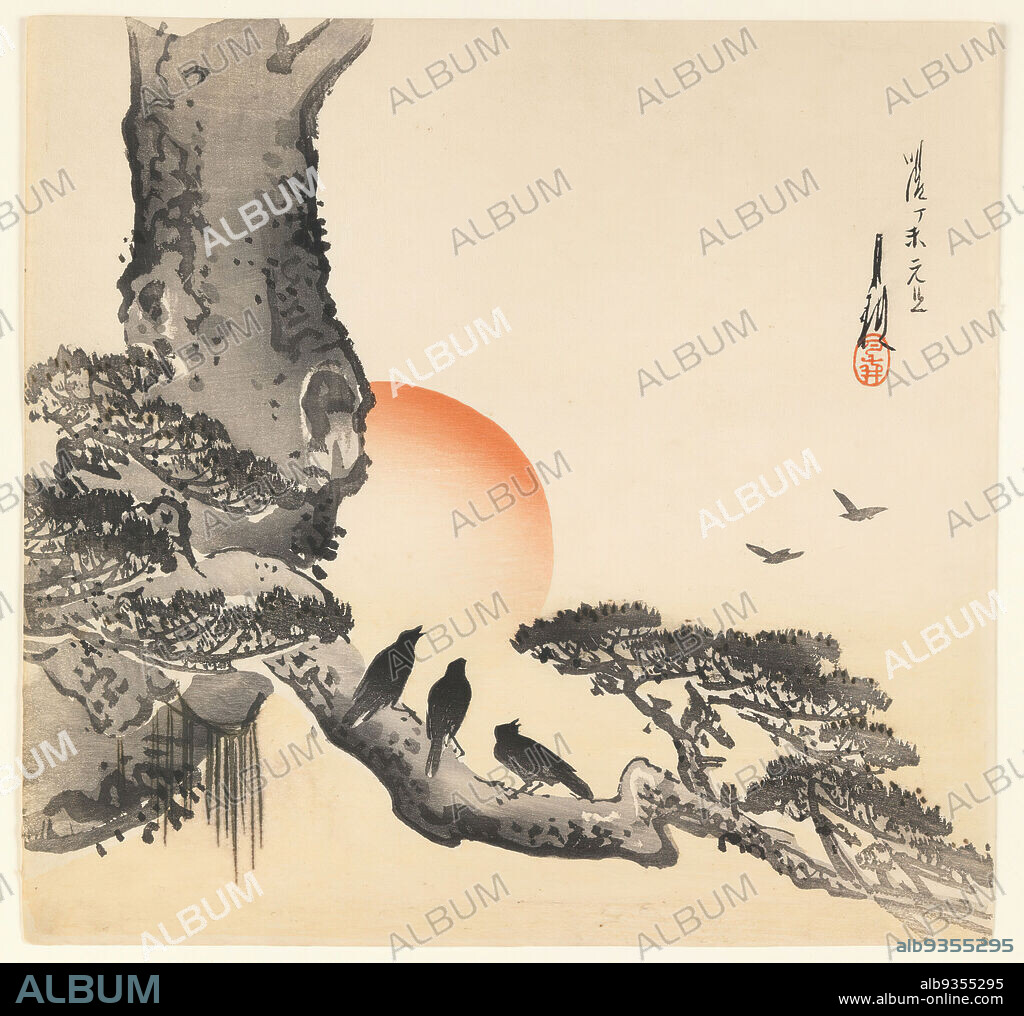 Crows at Sunset, Ogata Gekko, Japanese, 1859-1920, Color woodblock print on paper, Japan, ca. 1890-1910, Meiji Period, 9 3/8 x 9 13/16 in., 23.8 x 24.9 cm, animals, avian, birds, calm, caw, corvid, earth tones, fauna, flora, harmony, meditative, minimal, murder of crows, Nature, nature study, orange, plants, season, sun, sunset.