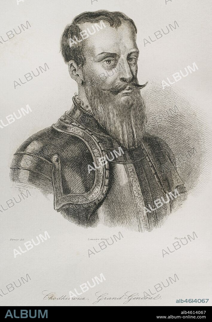 Jan Karol Chodkiewicz (1560-1621). Comandante militar del ejército de la República de las Dos Naciones. Gran Hetman de Lituania desde 1605. Retrato. Grabado por Lemaitre, Vernier y Massard. Historia de Polonia, por Charles Foster. Panorama Universal, edición española de 1840.