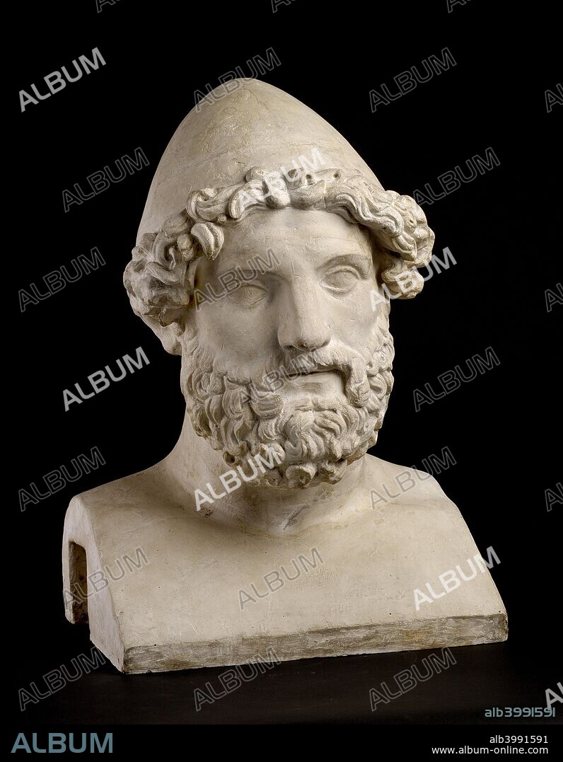 Herm of Hephaistos, from Rome, 2nd century AD. Herm of Hephaistos in classical style with full beard and long, curly hair, wearing cap. Dimensions: height: 55 cm.