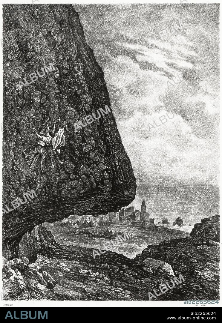 Historia de España. Muerte de Ibrahim ibn Tasufin, emir almorávide, despeñado por los almohades por un precipicio cerca de Orán, en Marruecos, en 1147. Siglo XII. Grabado de 1872.