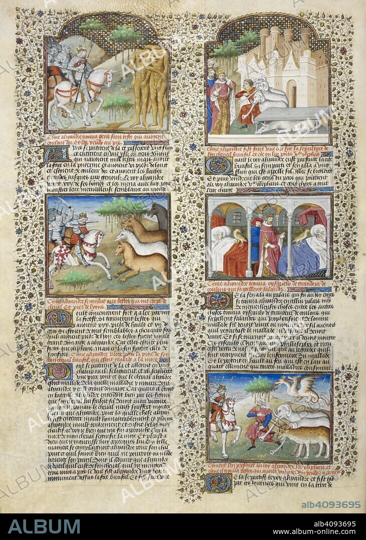 Alexander encountering blemmyae; Alexander encountering horse-like creatures; the burial of Bucephalus; Alexander with caladrius birds and ill people; Alexander encountering a two-headed serpent, elephants, and other beasts. Shrewsbury Talbot Book of Romances. France (Rouen); circa 1445. Source: Royal 15 E. VI, f.21v. Language: French.