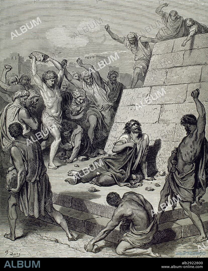 PAUL GUSTAVE DORÉ. New Testament. Martydom of St. Stephen. Engraving. Bible Illustrations by Gustave Dore. 19th century.