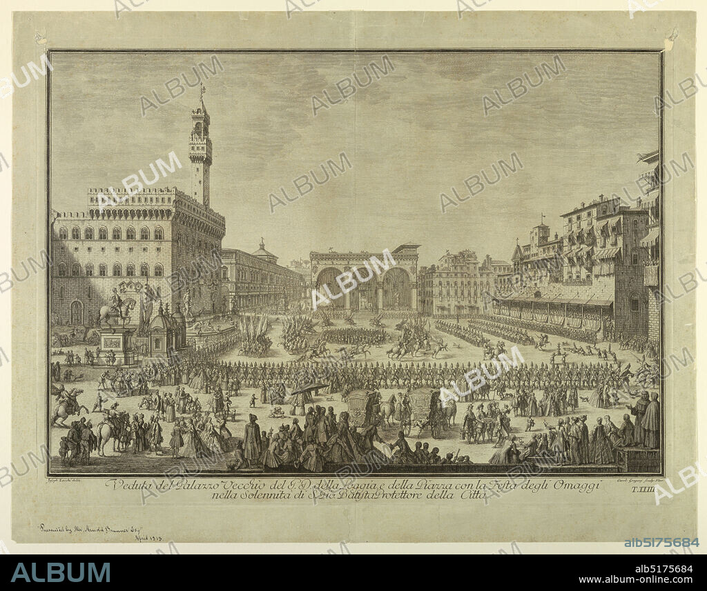 View of Palazzio Vecchio, Loggia, and Pizza on Occation of Fête in homage to St. John the Baptist, Plate 23 from 'Scelta di XXIV Vedute delle principali contrade, piazze, chiese, e palazzi della Città di Firenze', Carlo Gregori, Italian, 1719 - 1759, Giuseppe Zocchi, Italian, 1711 or 1717 - 1767, Engraving on paper, View of the Piazza, with the Loggia at center, and Palazzo Vecchio, left. Spectators in stand, right, and in foreground, observe parade of troops in the square. Title in margin below: 'VEDUTA DEL PALAZZO VECCHIO DEL G. D. DELLA LOGGIA, E DELLA PIAZZA CON LA FESTA DEGLI OMAGGI NELLA SOLENNITÀ DI S. GIO. BATISTA PROTETTORA DELLA CITTÀ.' At lower right: 'Carol Gregorj Sculp. Flor.'; at lower left: 'Joseph Zocchi delin.', Italy, 1744, Print, Print.