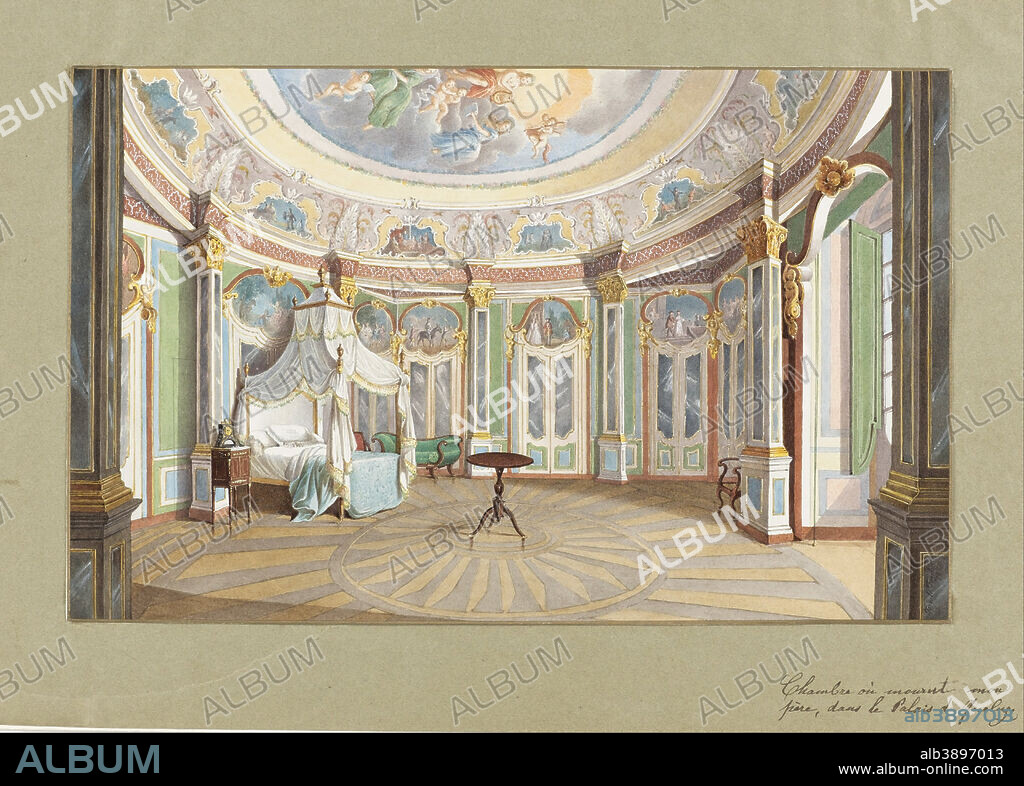 FERDINAND LE FEUBURE. Bedroom of King Pedro IV of Portugal (Emperor Dom Pedro I of Brazil), Palace of Queluz. Date/Period: 1850. Drawing. Brush and watercolor over graphite, touches of gum arabic.