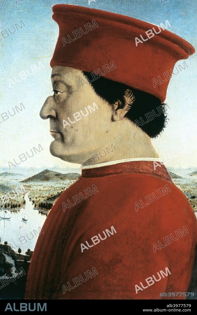 'Portrait of Federico da Montefeltro, Duke of Urbino', c 1465. On the front the two panels show profile portraits of Federico da Montefeltro, Duke of Urbino, and his wife, Battista Sforza. The reverse shows allegorical representations of their virtues.
