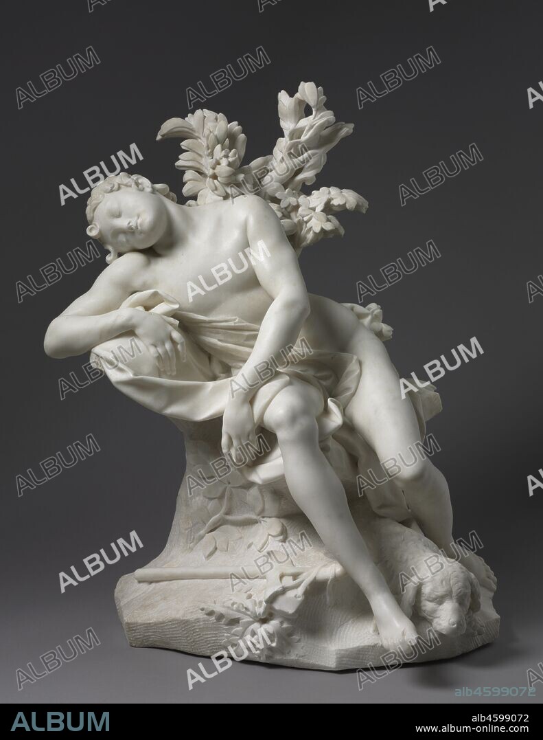Sleeping Endymion, 1716. This sculpture depicts Endymion, a beautiful young shepherd from Greek mythology. Selene, the personification of the moon, was so entranced by him that she asked Zeus to grant Endymion immortality. Zeus did so, but at a cost; he put Endymion into an eternal sleep. Here, Endymion rests against the base of a tree, eyes closed and face tilted upward to the sky. His dog and shepherd's crook lie at his feet. The piece is skillfully carved out of white marble, with open space left between his leg and the statue base, and between his outstretched arm and the rest of his body. The base is incised with a pattern of bark and leaves, heightening the illusion that the young man has fallen asleep in a forest or meadow.