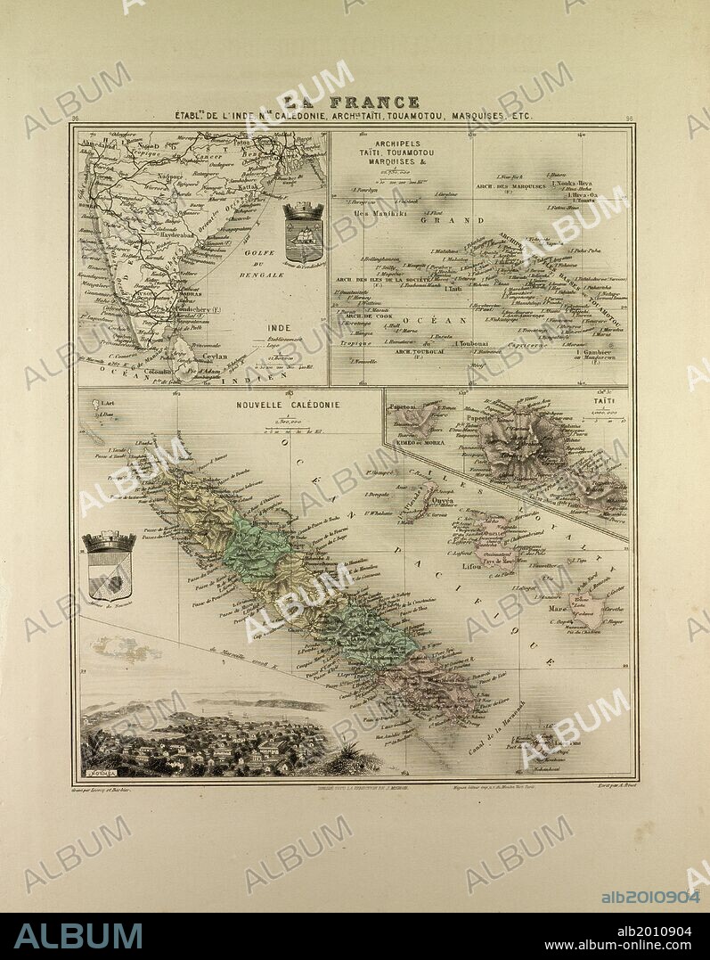 MAP OF INDIA, NEW CALEDONIA, TAHITI, TUAMOTU ARCHIPELAGO, MARQUESAS ISLANDS, 1896.