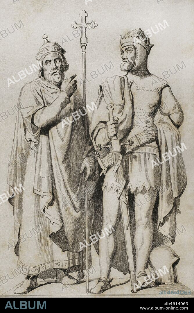 Mieszko I of Poland (935-992). Piast prince or duke of Poland from c.963. Boleslaw I the Brave (967-1025). He was the son of Mieszko I. Duke of Poland (992-1025) and the first king of Poland in 1025. Dinasty Piast. Monument to Mieszko I and Boleslaw I in the city of Poznan. Engraving by Lemaitre, Vernier and Lafon. History of Poland, by Charles Foster. Panorma Universal, 1840.