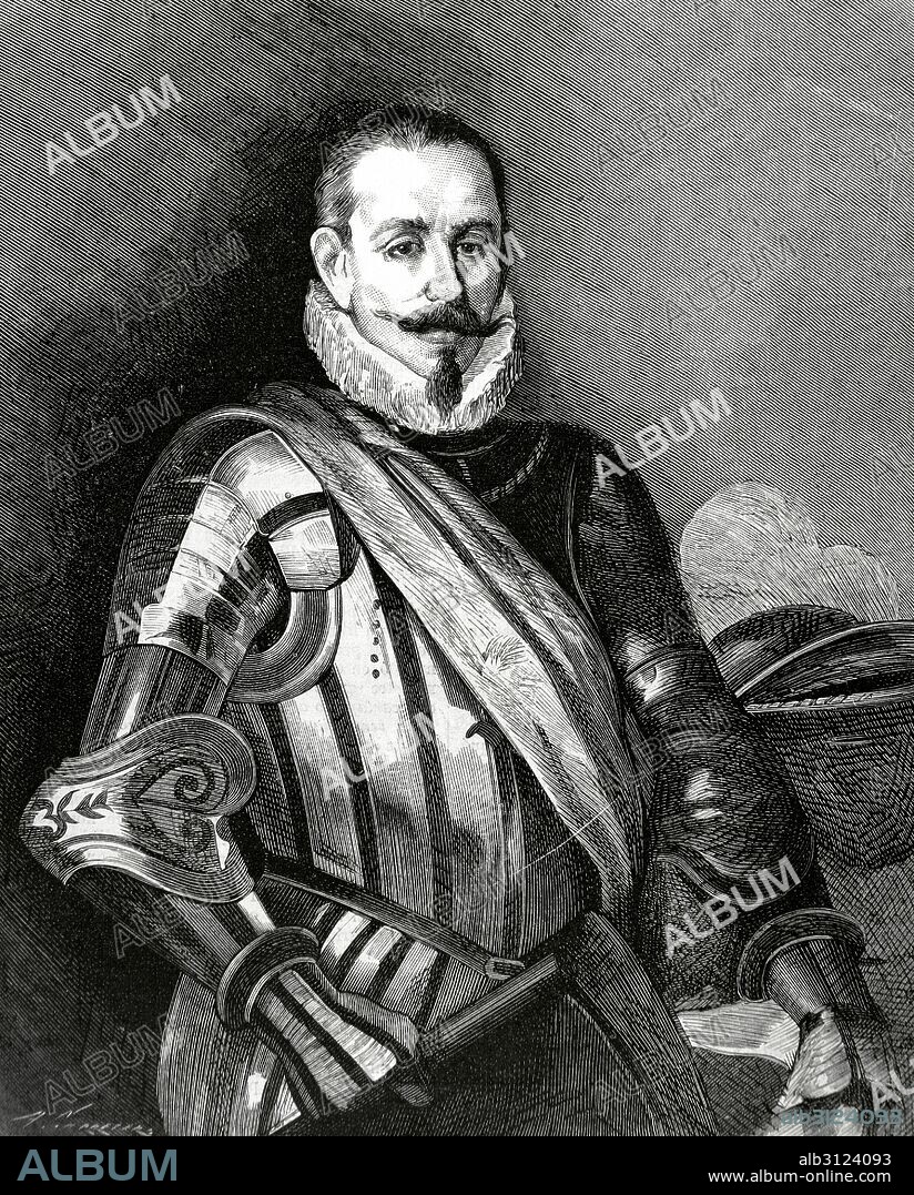 VALDIVIA, Pedro de (1497-1553). Conquistador de Chile. En 1535 Pizarro le autorizó, antes de su muerte, a realizar la conquista de Chile, en 1540. Retrato. Grabado por Arturo Carretero (1852-1903). Almanaque de La Ilustración, 1879.
