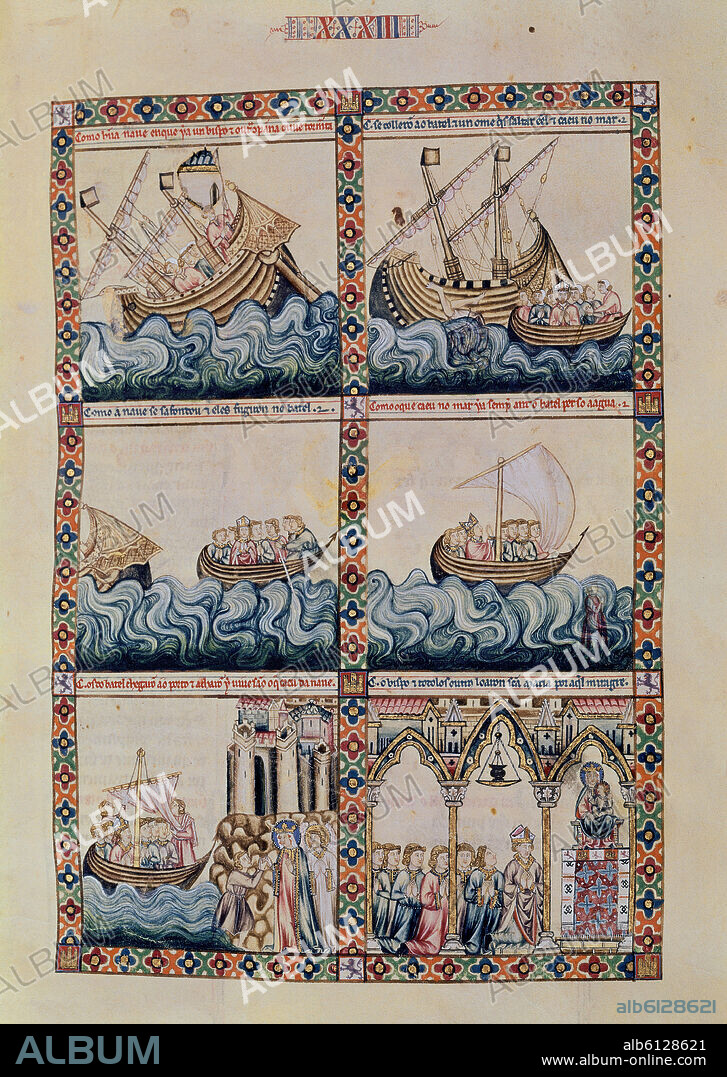 ALFONSO X DE CASTILLA EL SABIO. MTI1 - CANTIGA DE SANTA MARIA - Nº33 - FOL 49R -SALVACION DE UN NAUFRAGO PEREGRINO A JERUSALEN - SIGLO XIII.