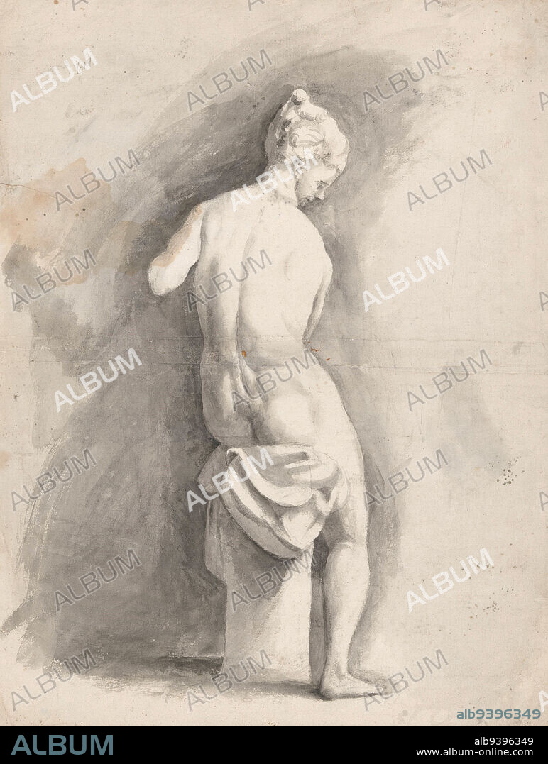 Image of seated nude woman, from behind, Moses ter Borch, after anonymous, c. 1657 - c. 1658, draughtsman: Moses ter Borch, anonymous, Zwolle, c. 1657 - c. 1658, paper, brush, h 420 mm × w 318 mm.