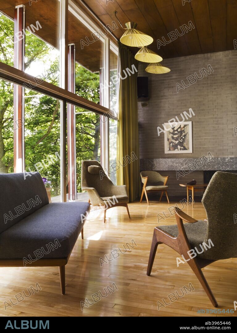 Double height living room, Farnley Hey, Farnley Tyas, Kirklees, West Yorkshire, 2011. The house, which is Grade II Listed, was designed by Peter Womersley and built in 1954-1955.