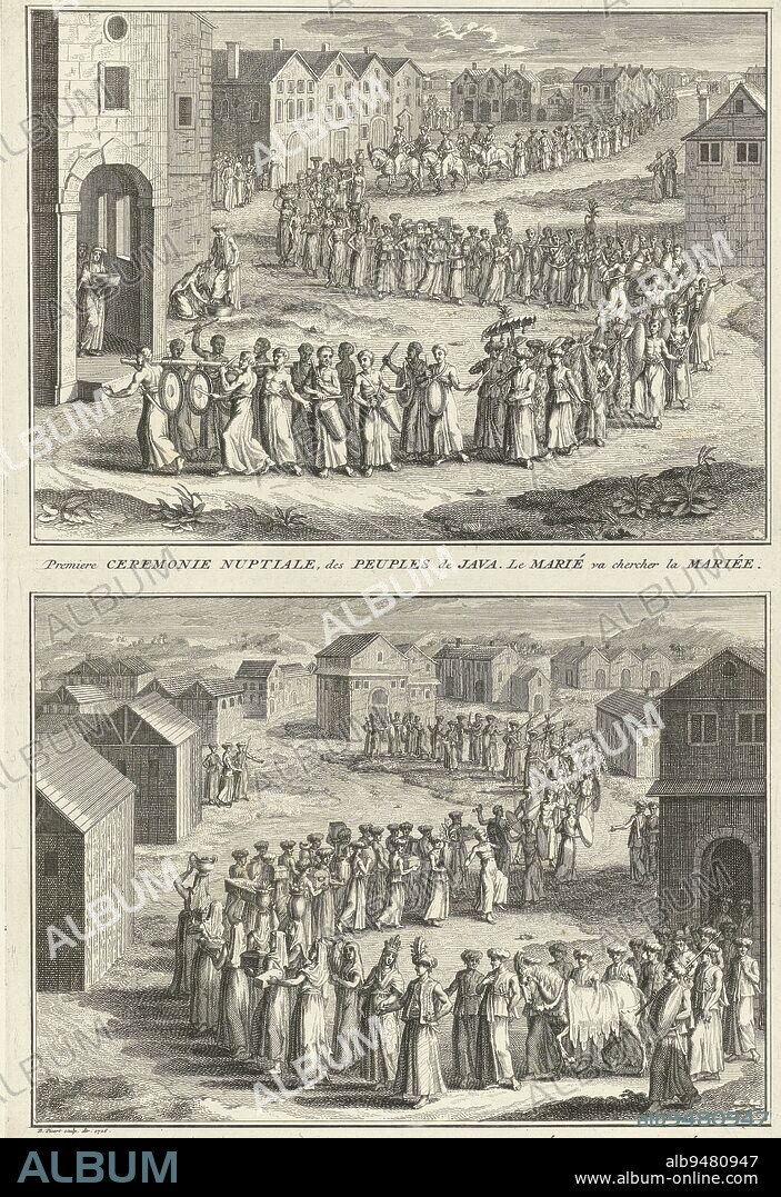 Javanese wedding rituals, Bernard Picart (workshop of), 1726, Sheet with two representations of Javanese wedding rituals. Above: Procession to the bride's house. The women carry the gifts for the wedding. At the house, the bride washes the feet of her husband-to-be. Below: Procession to the groom's house. The horse he first rode is carried away by the hand. Below the representations a caption in French., print maker: Bernard Picart, (workshop of), Bernard Picart, (mentioned on object), Amsterdam, 1726, paper, etching, engraving, h 335 mm × w 221 mm.