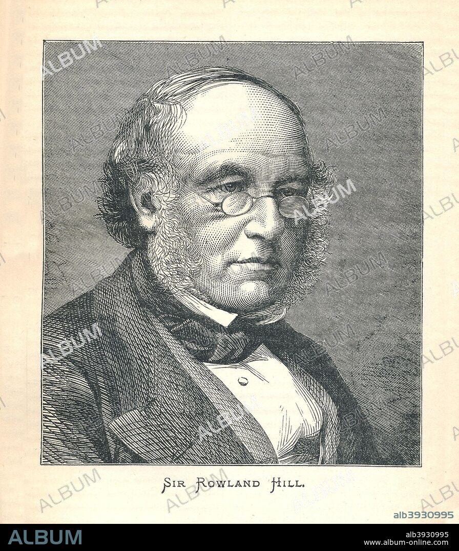 Sir Rowland Hill (1795-1879), English teacher, inventor and social reformer. Hill campaigned for the reform of the postal system, based on the concept of Uniform Penny Post and is credited with originating the basic concepts of the modern postal service, including the invention of the postage stamp. From The Pictorial Treasury of Famous Men and Famous Deeds published by Frederick Warne and Co. [London and New York, 1893].