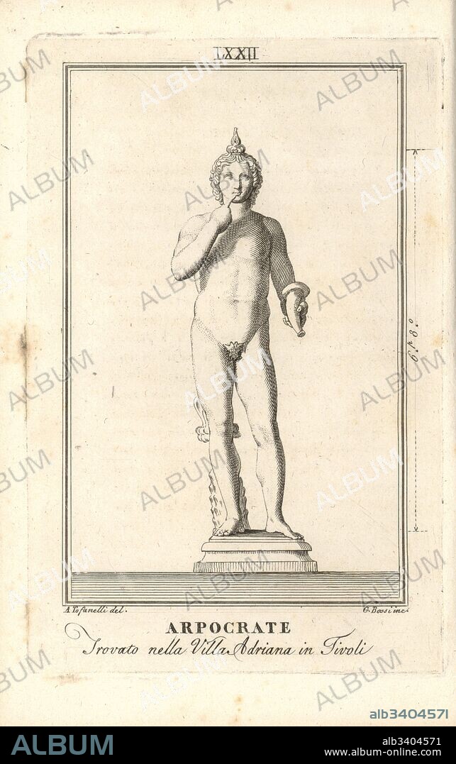 Statue of Arpocrate or Harpocrates, Greek god of silence. He holds a horn and wears a lotus flower on his head. Found in Hadrian's Villa at Tivoli. Copperplate engraving by Giacomo Bossi after an illustration by A. Tofanelli from Pietro Paolo Montagnani-Mirabili's Il Museo Capitolino (The Capitoline Museum), Rome, 1820.