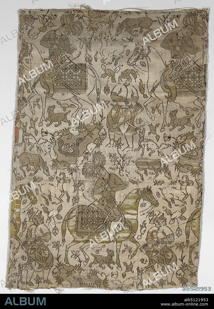 Artist: Abdallah, active 17th century, Textile Fragment with a Courtier and Prisoner, early 17th century, Silk; compound weave, 13 11/16 × 20 1/16 in. (34.7 × 51 cm), This silk fragment depicts a smartly dressed courtier on horseback accompanied by a prisoner on foot, a motif that became popular in both paintings and textiles in sixteenth-century Iran. Various animals and lush vegetation surround the pair. The artists signature is conspicuously placed on the quiver of the idealized rider; it reads, Work of Abd Allah., Iranian/Persian, Islamic, Safavid dynasty (15011722), Textiles.