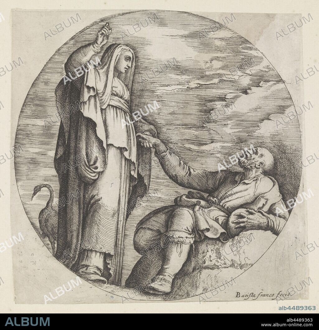 Religion comforts a poor old man, A woman with a shawl (personification of religion) takes a poor old sitting man by the hand. With her other hand she points up., Allegorical representations, religion, 'Religione ' 'Religione the SS. Mauritio e Lazaro ' ' Religione vera christiana '(Ripa), Battista Franco (mentioned on object), Italy, 1520 - 1561, paper, etching, h 194 mm × w 195 mm.