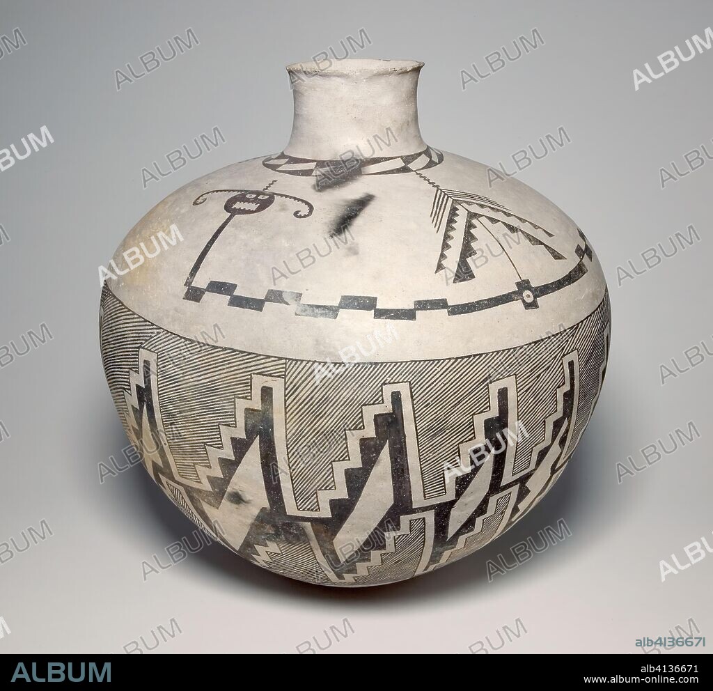 Jar with Horned Serpents and Interlocking, Hatched-and-Black Stepped Designs. Ancestral Pueblo (Anasazi), Socorro Black-on-white; West-central New Mexico, United States. Date: 950 AD-1400. Dimensions: 42.6 × 41.3 cm (16 3/4 × 16 1/4 in.). Ceramic and pigment. Origin: New Mexico.