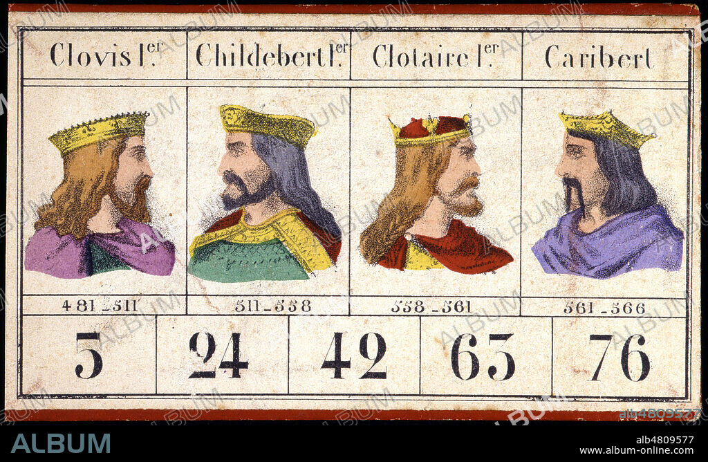 'Clovis 1er, Childebert 1er, Clotaire 1er, Caribert'. Loto historique des Rois de France, edite en 1855. Credit : Collection Helion/KHARBINE-TAPABOR.