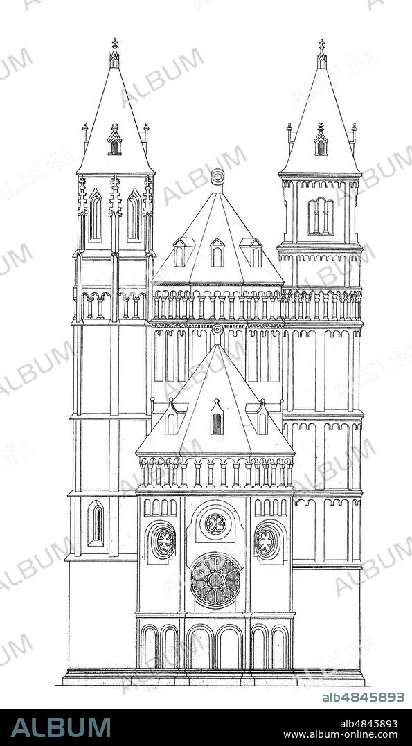 St Peter's Dom, Wormser Dom, a church in Worms, romanesque style, Rhineland-Palatinate, Germany, Dom St. Peter zu Worms, Kaiserdom, Rheinland-Pfalz, Deutschland, digital improved reproduction of an historical image.
