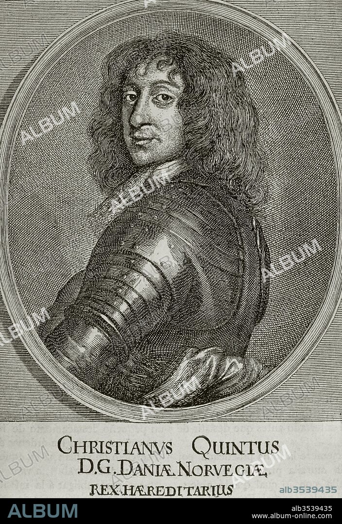 Cristian V (Flensburgo,1646-Copenhague, 1699). Rey de Dinamarca y Noruega (1670-1699). Primer rey hereditario de Dinamarca. Hijo de Federico III de Dinamarca. Grabado anónimo.
