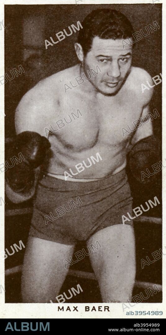 Max Baer, American boxer, 1938. Baer (1909-1959) won the World Heavyweight Championship in 1934 when he knocked out defending champion Primo Carnera, but he lost the title the following year in a shock points defeat by James J Braddock. A colourful character, Baer also worked as an actor, entertainer, professional wrestler and referee. A Churchman's Cigarettes picture card.