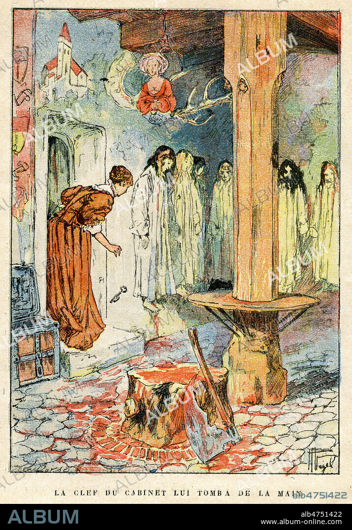 la femme de Barbe Bleue ouvre la porte du cabinet noir avec la petite clef en or, et decouvre les cadavres des femmes precedentes tuees par son epoux. Conte de Barbe-Bleue, de Charles Perrault. Petit livret, imagerie populaire, offert par les Grands Magasins du Printemps. Illustration vers 1890 par Hermann VOGEL (1856-1918) fin 19eme siecle. Collection IM/KHARBINE-TAPABOR.