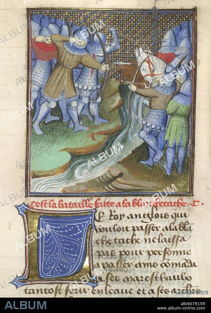 JEAN FROISSART. Medieval soldiers fighting, across a river. "Les Croniques DangLeterre" (Chroniques d' Angleterre). 15th century. Source: Arundel 67, f.144. Language: French.