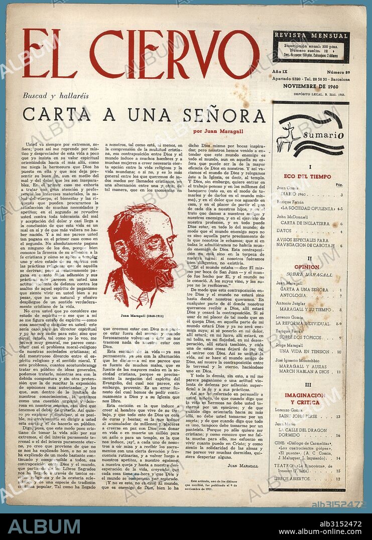 Portada de la revista mensual El Ciervo, editado en Barcelona, noviembre de 1960. Reproducción de uno de los últimos artículos publicados por el poeta Joan Maragall Gorina (1860-1911).