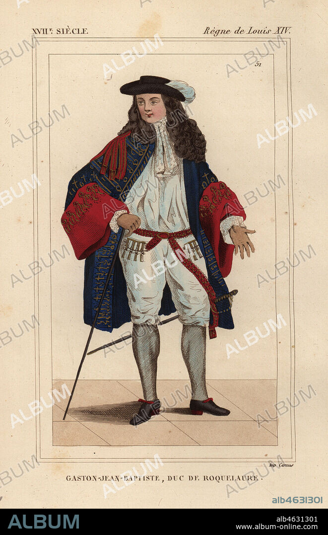 Gaston Jean Baptiste de Roquelaure (1615-1683), Duke of Roquelaure. Grand-master of the garde-robe of King Louis XIV. Handcoloured lithograph after a portrait by Bonnard from Le Bibliophile Jacob aka Paul Lacroix's Costumes Historiques de la France (Historical Costumes of France), Administration de Librairie, Paris, 1852.