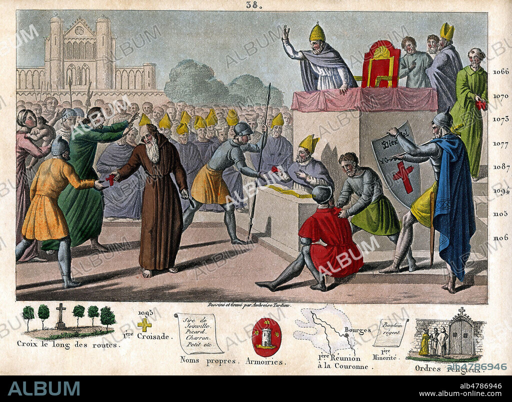 La pape URBAIN II prone la premiere croisade au concile de Clermont en 1095. les spectateurs s'ecrient Diex el volt (Dieu le veut) avant de se mettre une croix a l'epaule. Illustration de 1825 par Ambroise TARDIEU (1788-1841) pour Histoire de France representee par des tableaux synoptiques par M. COLART. Credit : Collection Jonas/Kharbine-Tapabor.