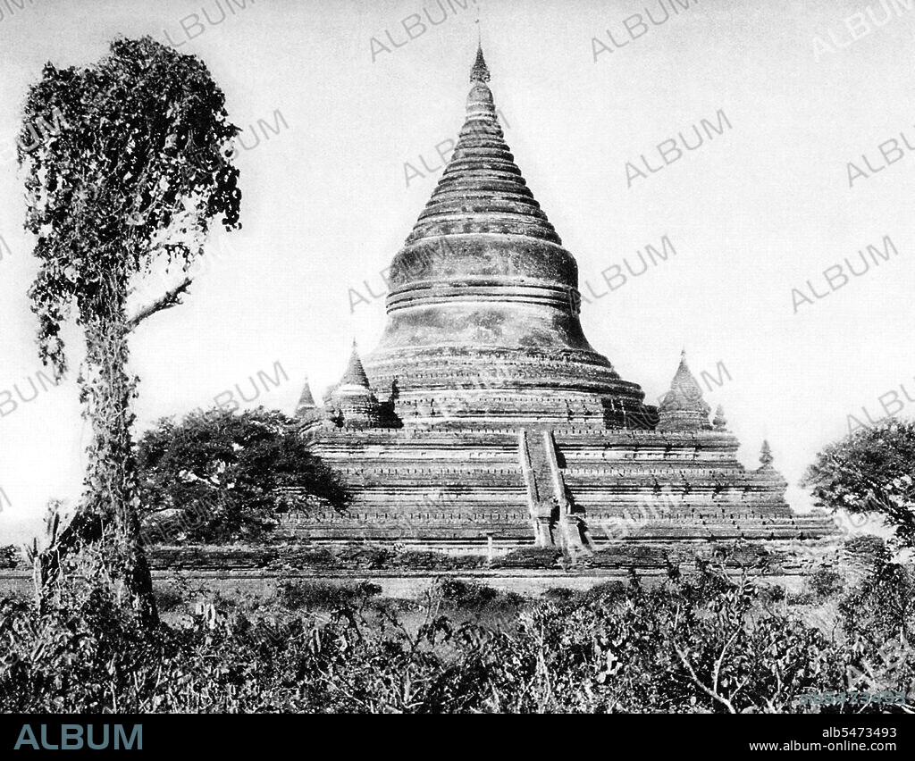 Mingalazedi Pagoda was built in 1284 during the reign of King Narathihapate. The pagoda is one of the few temples in Bagan with a full set of glazed terracotta tiles depicting the ‘Jataka’—an ancient Pali book of verses related to the previous births of the Buddha. The pagoda was built in brick and contains several terraces leading to a large pot-shaped stupa at its centre, topped by a bejewelled umbrella (hti). Mingalazedi Pagoda was built a few years before the First Burmese Empire (Pagan Kingdom) was pillaged by the Mongols in 1287.  The ruins of Bagan (also spelled Pagan) cover an area of 16 square miles (41 km2). The majority of its buildings were built between the 11th and 13th centuries, during the time Bagan was the capital of the First Burmese Empire. It was not until King Pyinbya moved the capital to Bagan in 874 CE that it became a major city. However, in Burmese tradition, the capital shifted with each reign, and thus Bagan was once again abandoned until the reign of King Anawrahta who, in 1057, conquered the Mon capital of Thaton, and brought back the Tripitaka Pali scriptures, Buddhist monks and craftsmen to help transform Bagan into a religious and cultural centre. With the help of a monk from Lower Burma, Anawrahta made Theravada Buddhism the state religion.