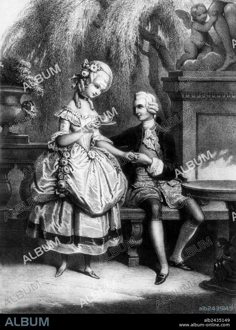 Countess du Barry was French king Louis XV's favourite (after the marchioness of-Pompadour in 1769) she was guillotined during the Terror, here wearing dairymaid suit offering some milk to the king in Marly pavilion, engraving.