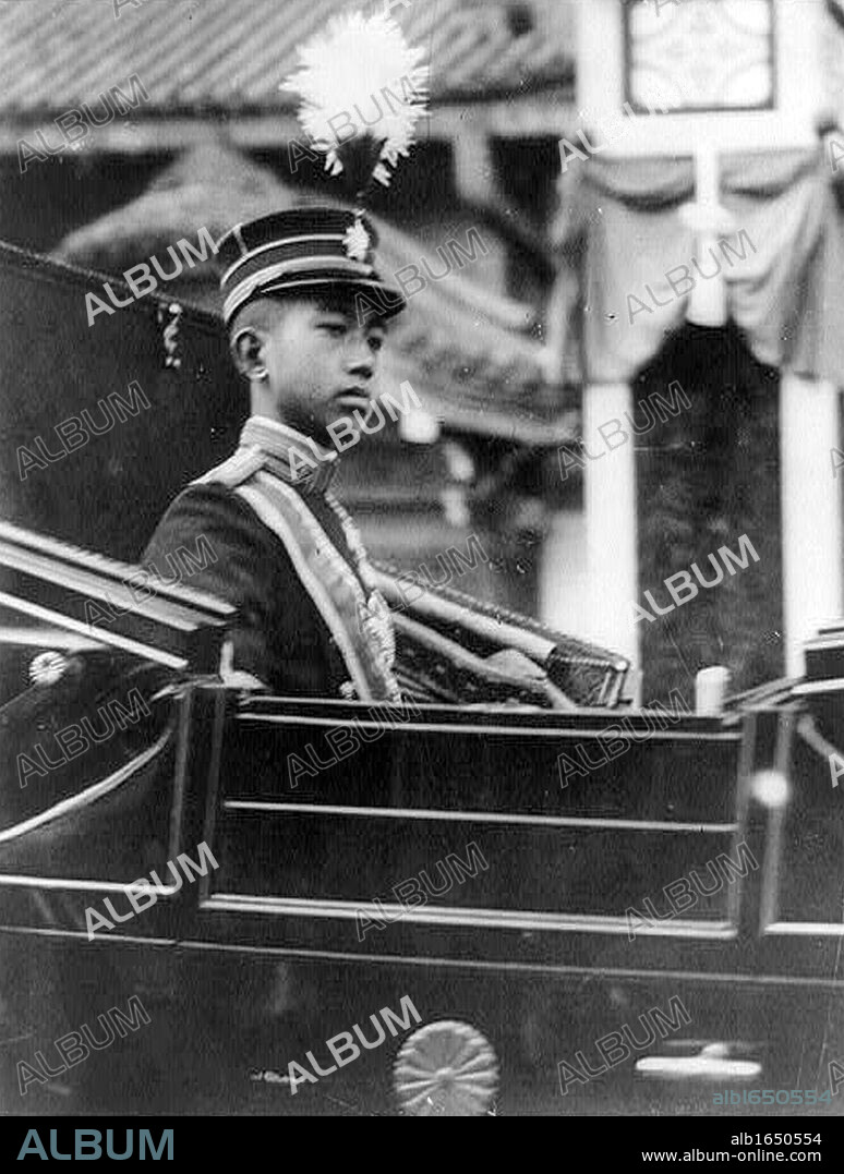 Hirohito, Emperor Showa (1901-1989), 124th Emperor of Japan from 1926.   Hirohito in 1912 when on the death of his grandfather Emperor Meiji he became heir apparent. Head and shoulders view of him riding in a carriage.