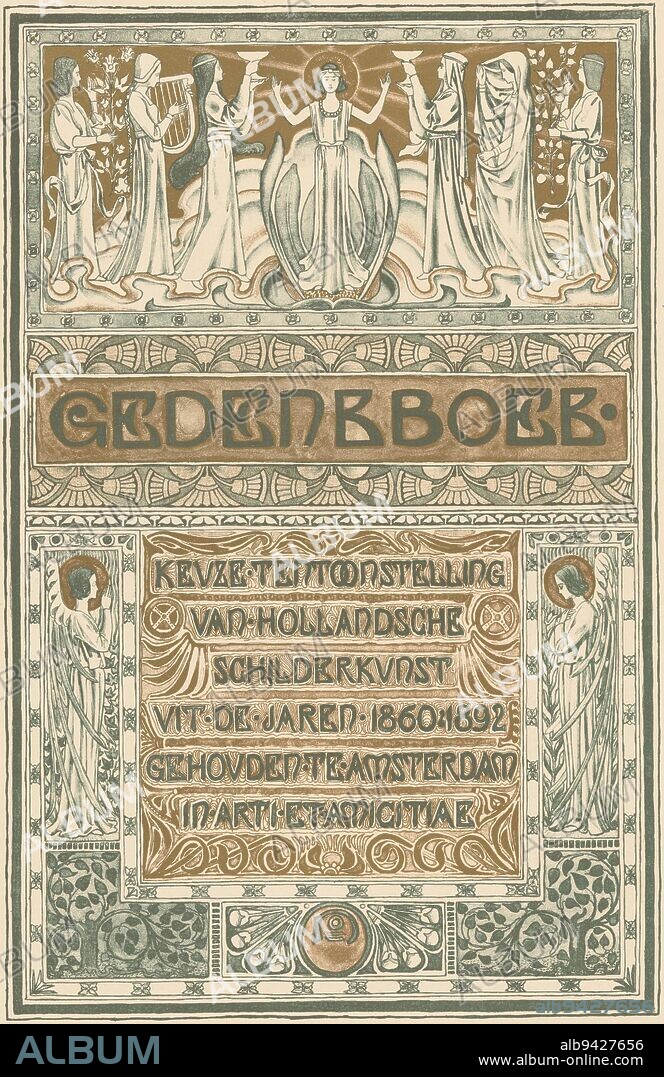Title page of Commemorative book: Choice exhibition of Dutch painting from the years 1860-1892, held in Amsterdam in Arti et Amicitiae, Antoon Derkinderen, 1893 - 1894, A woman, the personification of beauty, rises from a lotus flower. A woman with a harp, the personification of harmony, and a woman with a raised veil, the personification of perception, bring her an offering. Below the representation are boxes containing text and decoration. Next to the subtitle two angels. The angel with ivy and folded hands symbolizes fidelity, the angel with lily and hands on heart symbolizes purity., print maker: Antoon Derkinderen, publisher: Cornelis Marinus van Gogh, 1893 - 1894, paper, h 414 mm × w 295 mm.